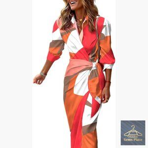 Long Sleeve Midi Dress Wrap Tie Waist Floral Print Fall Casual